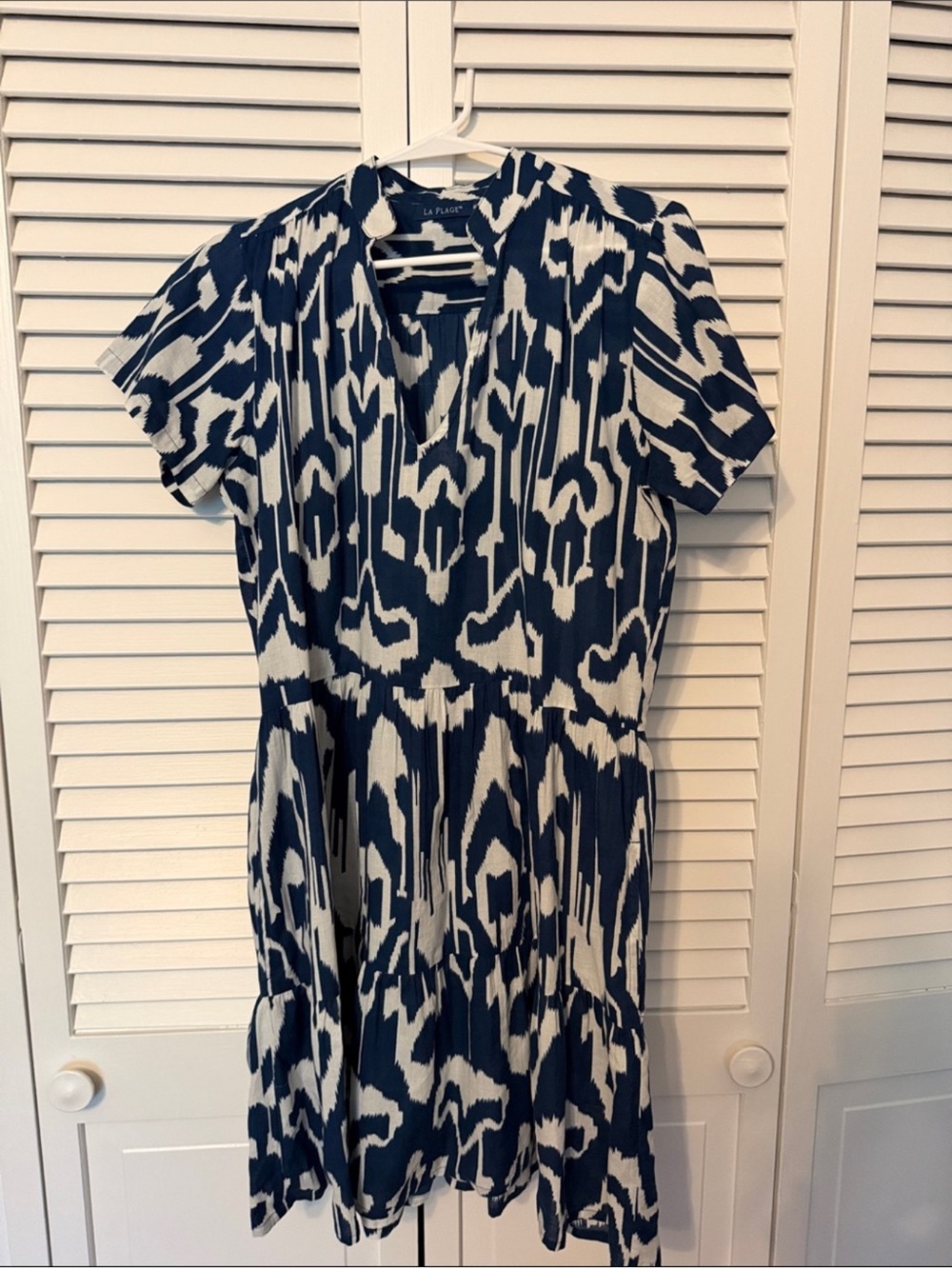 La Plage Alison Dress Navy and White Ikat Printed V-Neck Tiered Dress
